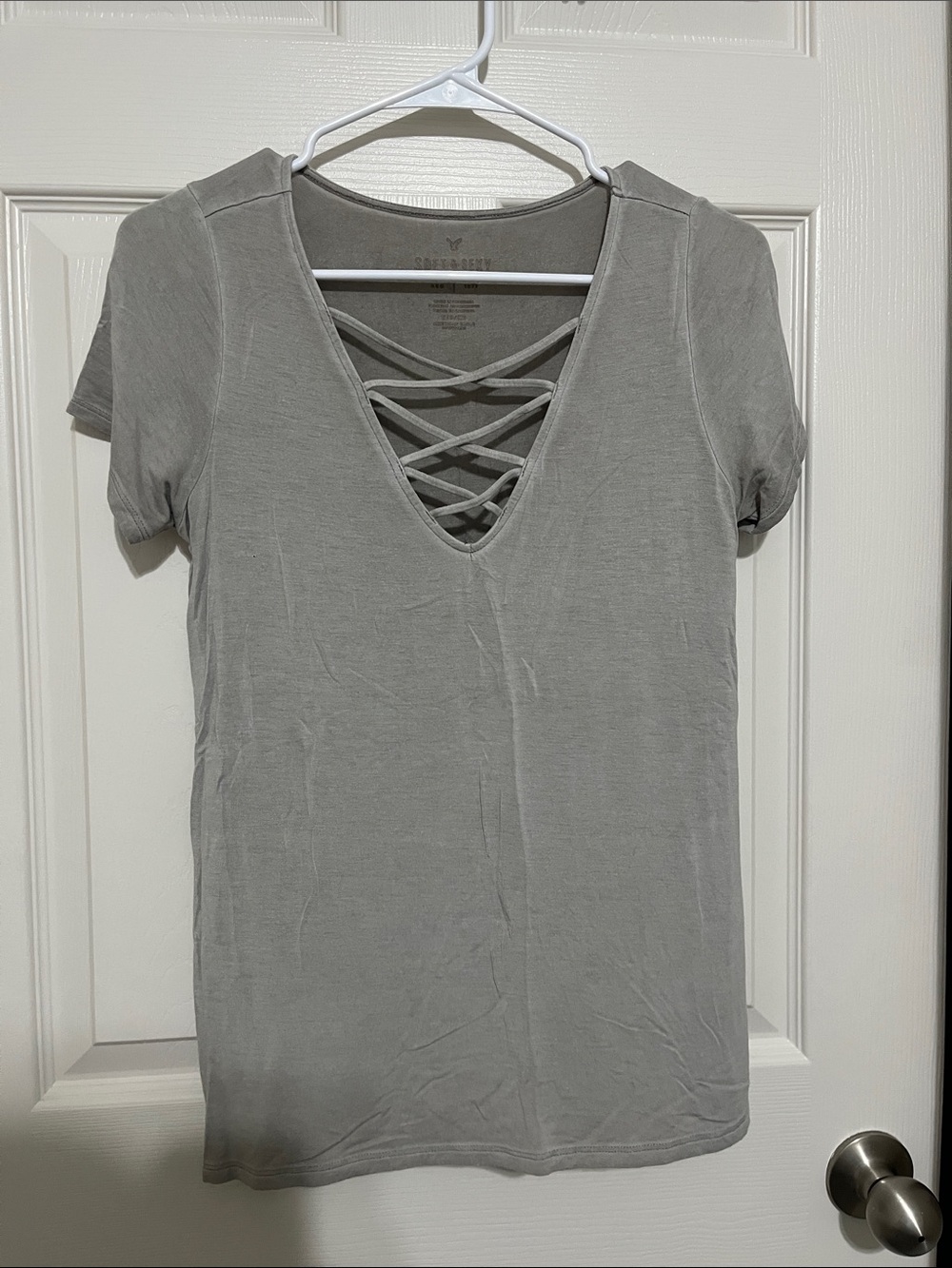 Crisscross V-Neck Short Sleeve Top - sage green